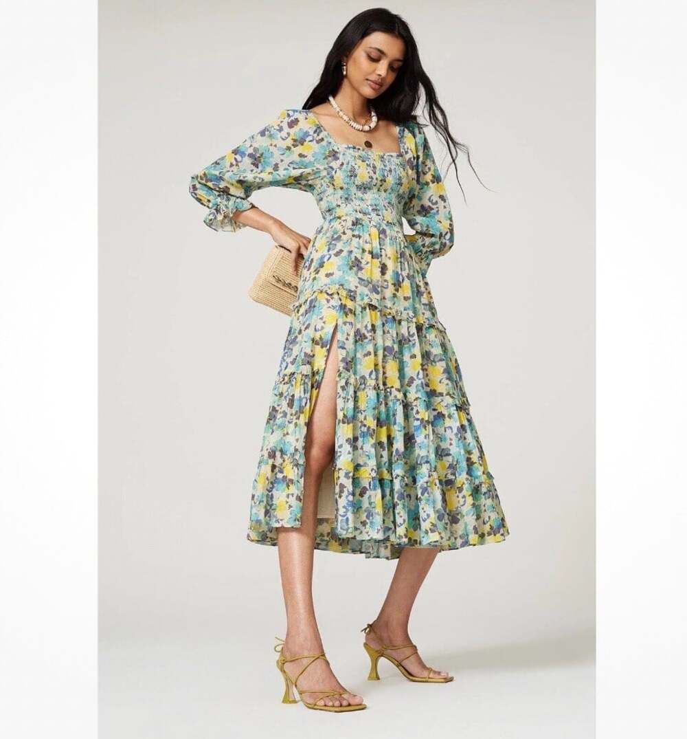 LoveShackFancy Blue Capri Floral Print Smocked 3/4 Sleeve Midi Dress Size XS